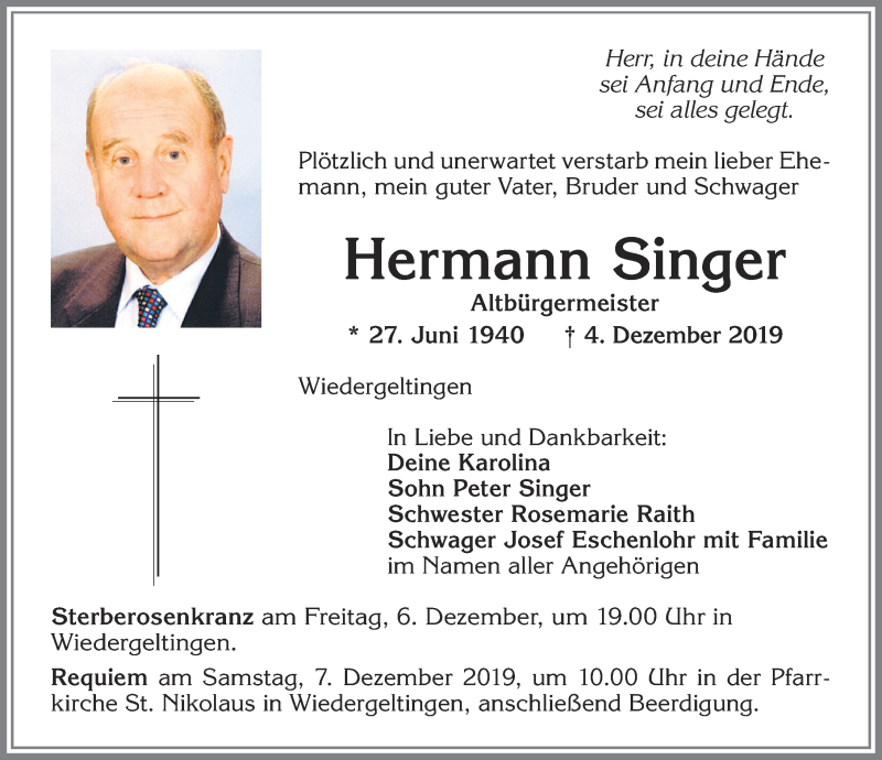 Traueranzeige von Hermann Singer von Allgäuer Zeitung