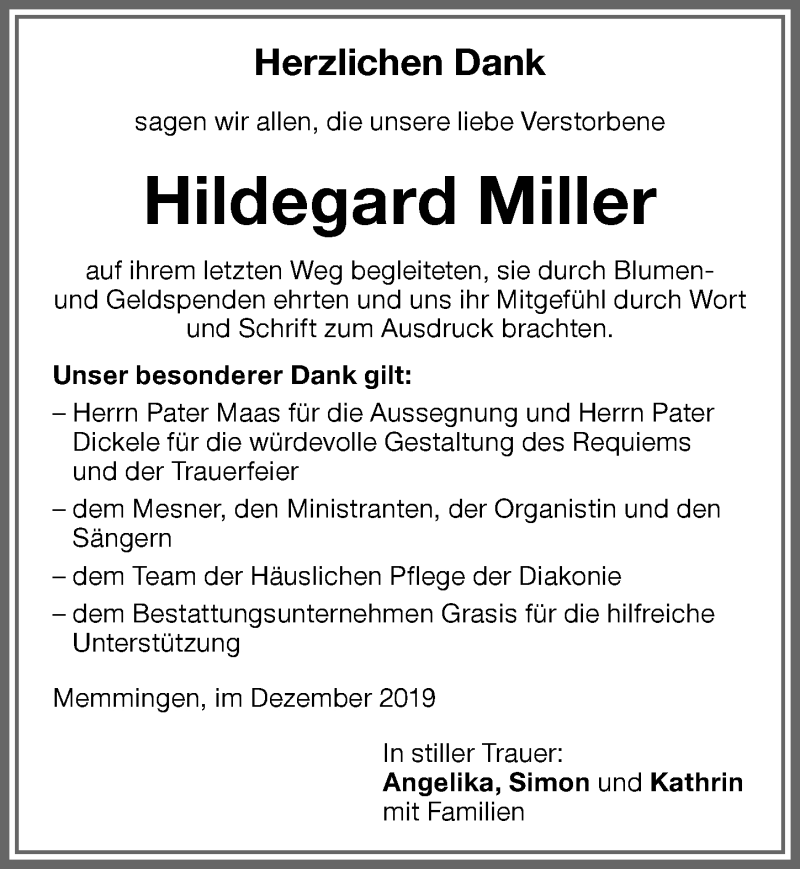 Traueranzeige von Hildegard Miller von Memminger Zeitung