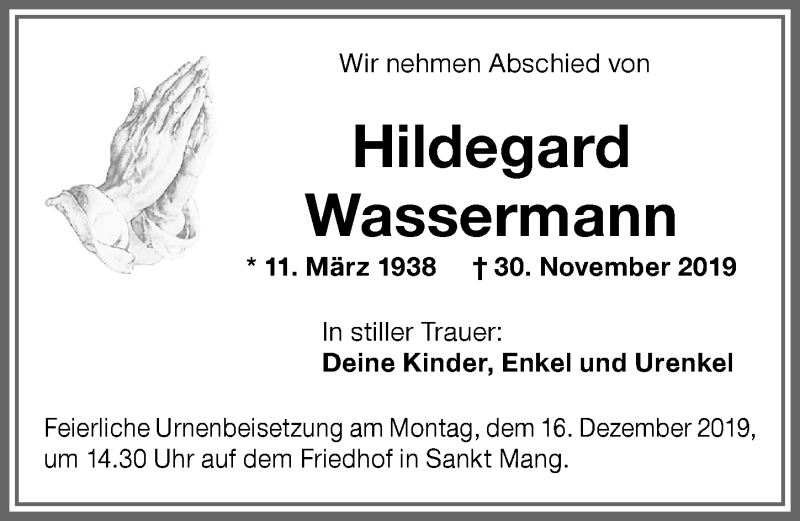 Traueranzeige von Hildegard Wassermann von Memminger Zeitung