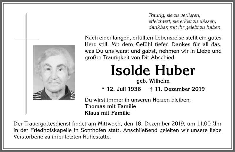 Traueranzeige von Isolde Huber von Allgäuer Anzeigeblatt