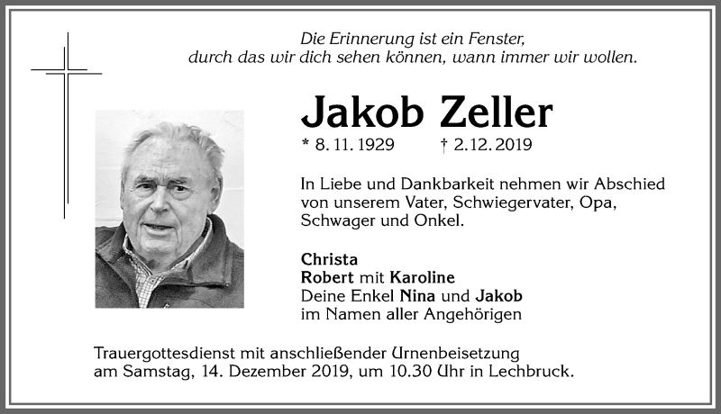 Traueranzeige von Jakob Zeller von Allgäuer Anzeigeblatt