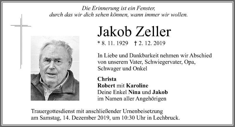 Traueranzeige von Jakob Zeller von Allgäuer Zeitung, Füssen