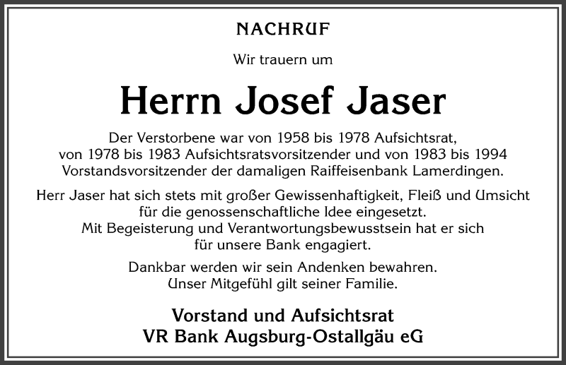 Traueranzeige von Josef Jaser von Allgäuer Zeitung, Kaufbeuren/Buchloe