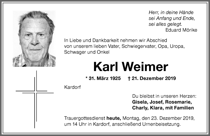 Traueranzeige von Karl Weimer von Memminger Zeitung