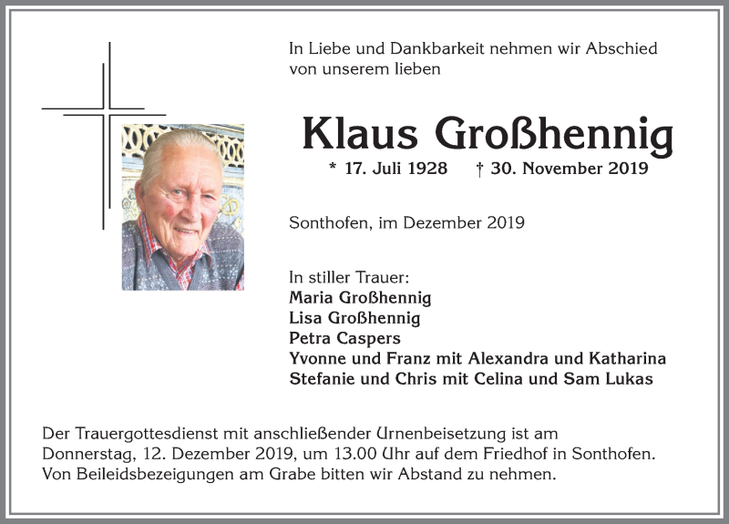 Traueranzeige von Klaus Großhennig von Allgäuer Anzeigeblatt