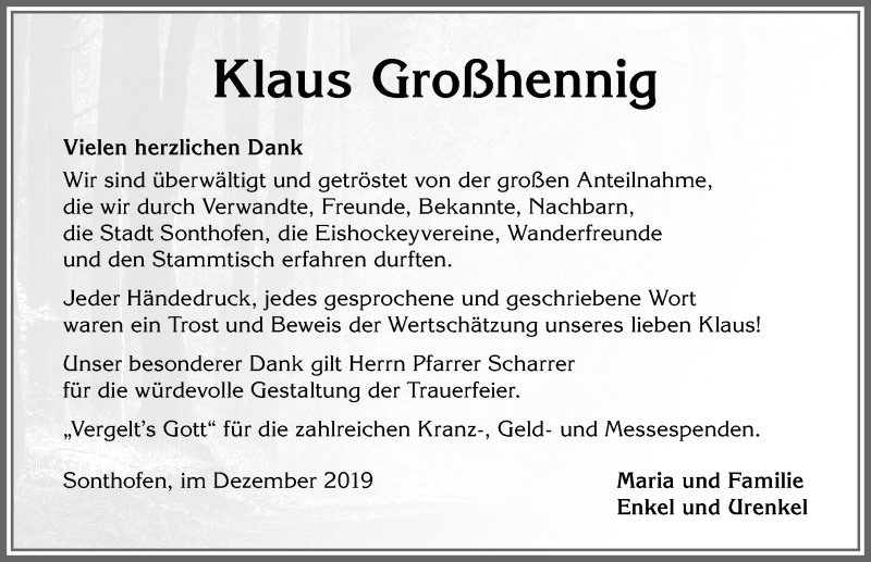 Traueranzeige von Klaus Großhennig von Allgäuer Anzeigeblatt