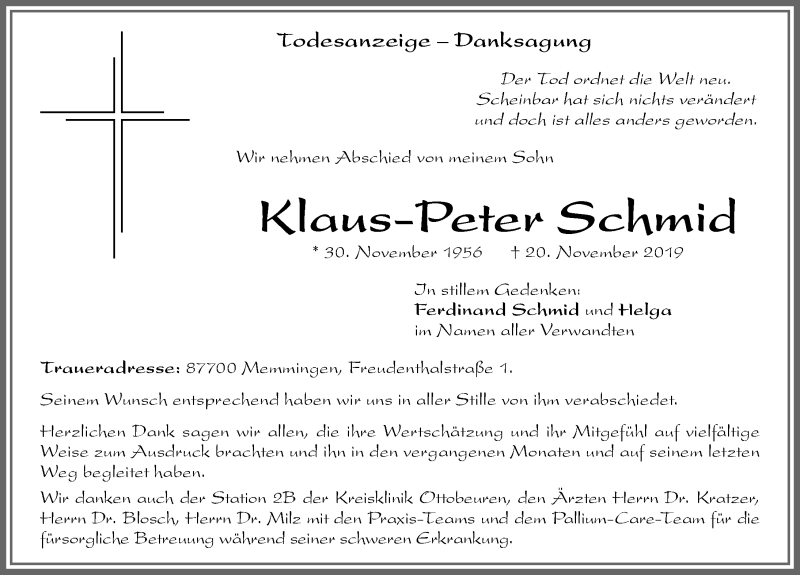 Traueranzeige von Klaus-Peter Schmid von Memminger Zeitung