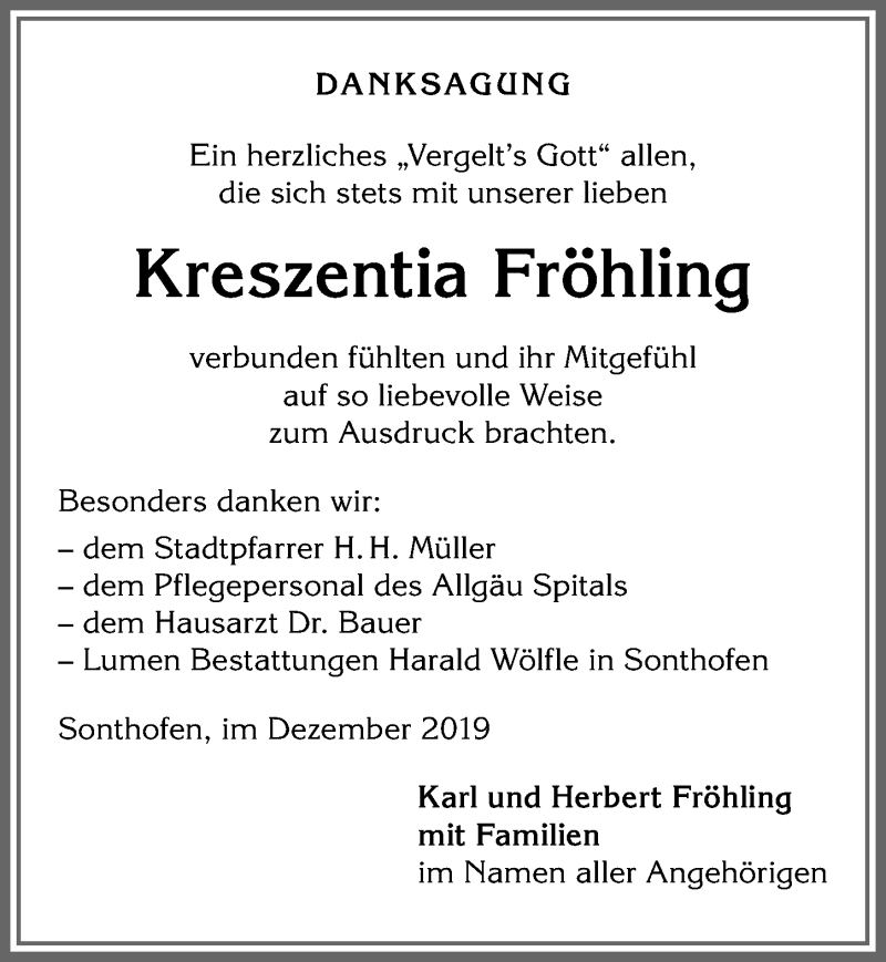 Traueranzeige von Kreszentia Fröhling von Allgäuer Anzeigeblatt