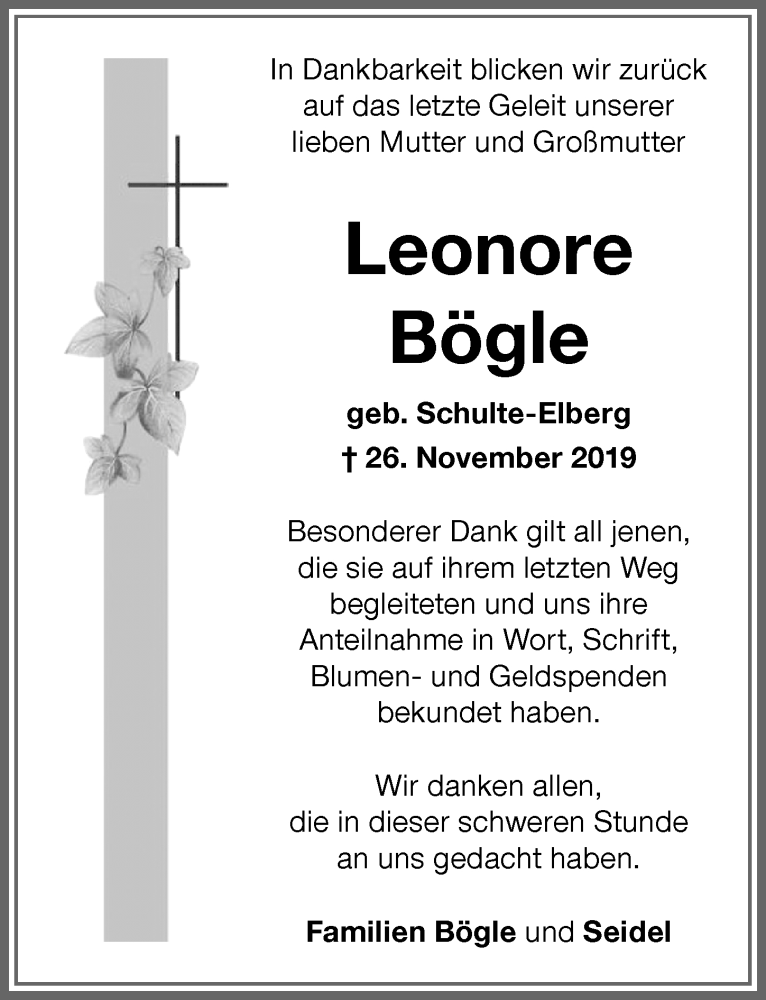 Traueranzeige von Leonore Bögle von Memminger Zeitung