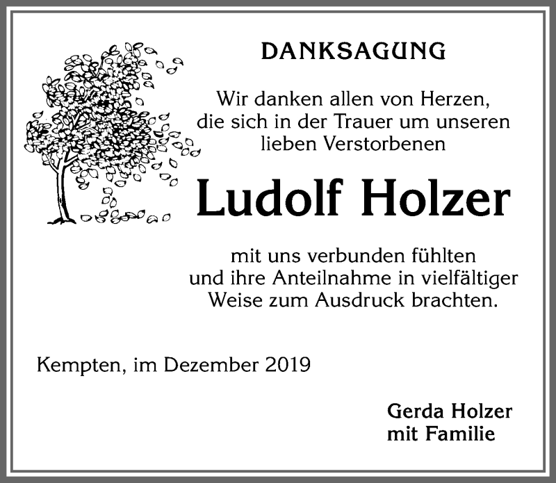 Traueranzeige von Ludolf Holzer von Allgäuer Zeitung,Kempten