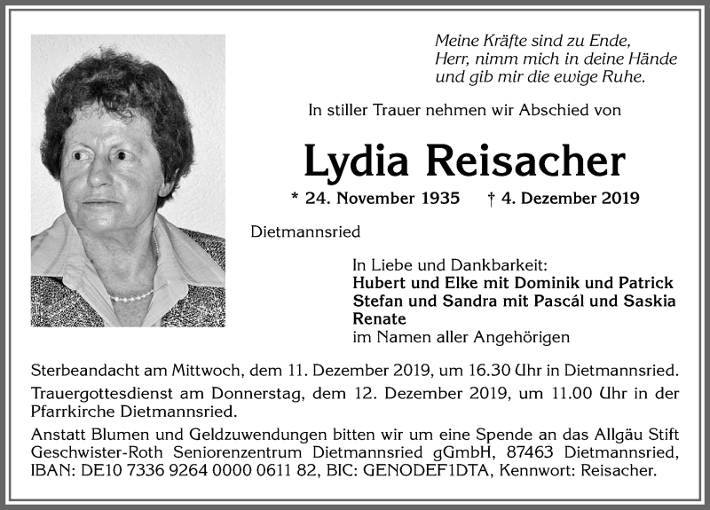 Traueranzeige von Lydia Reisacher von Allgäuer Zeitung,Kempten