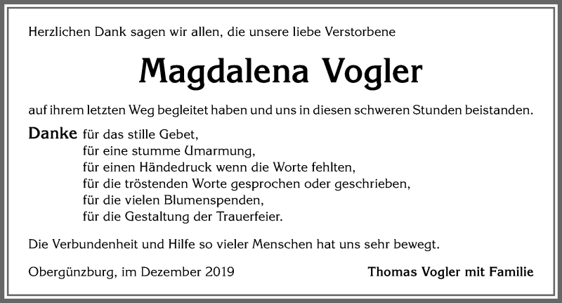 Traueranzeige von Magdalena Vogler von Allgäuer Zeitung, Marktoberdorf