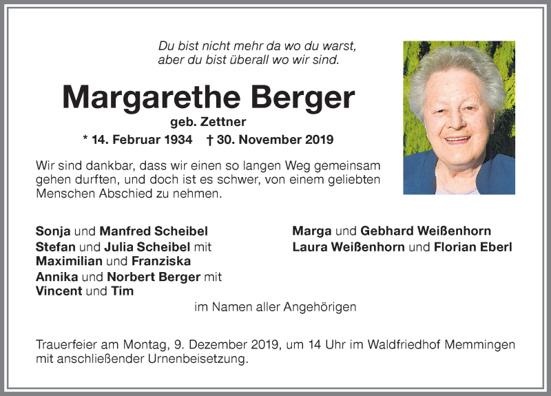 Traueranzeige von Margarethe Berger von Memminger Zeitung