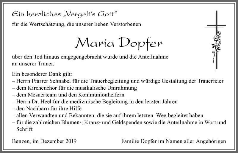 Traueranzeige von Maria Dopfer von Allgäuer Zeitung, Füssen
