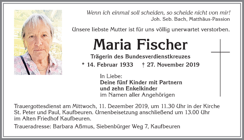 Traueranzeige von Maria Fischer von Allgäuer Zeitung, Kaufbeuren/Buchloe