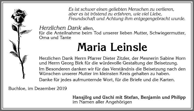Traueranzeige von Maria Leinsle von Allgäuer Zeitung, Kaufbeuren/Buchloe