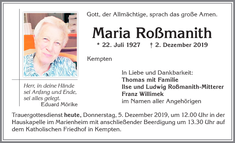 Traueranzeige von Maria Roßmanith von Allgäuer Zeitung,Kempten