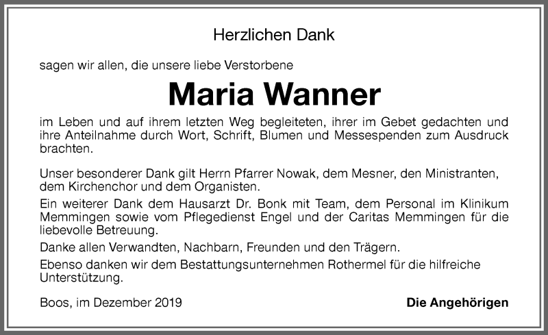 Traueranzeige von Maria Wanner von Memminger Zeitung
