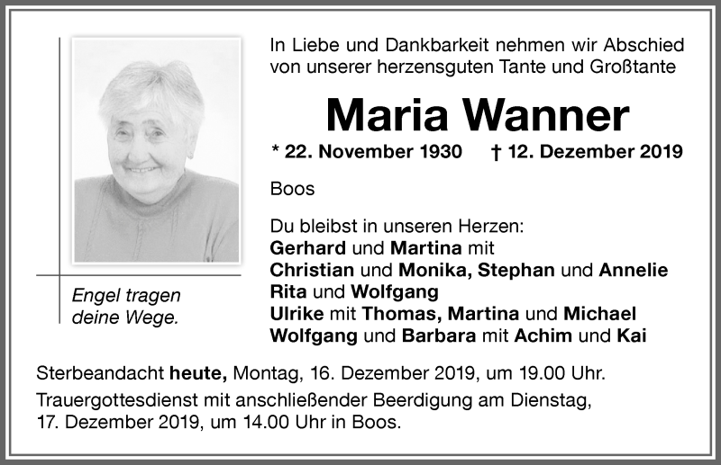 Traueranzeige von Maria Wanner von Memminger Zeitung
