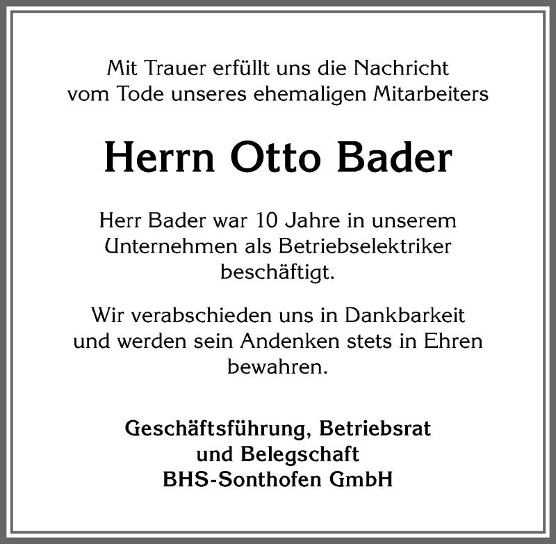 Traueranzeige von Otto Bader von Allgäuer Anzeigeblatt