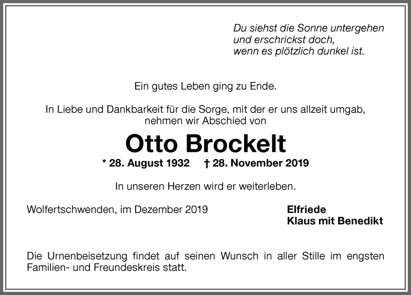 Traueranzeige von Otto Brockelt von Memminger Zeitung