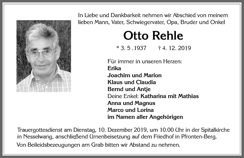 Traueranzeige von Otto Rehle von Allgäuer Zeitung, Füssen