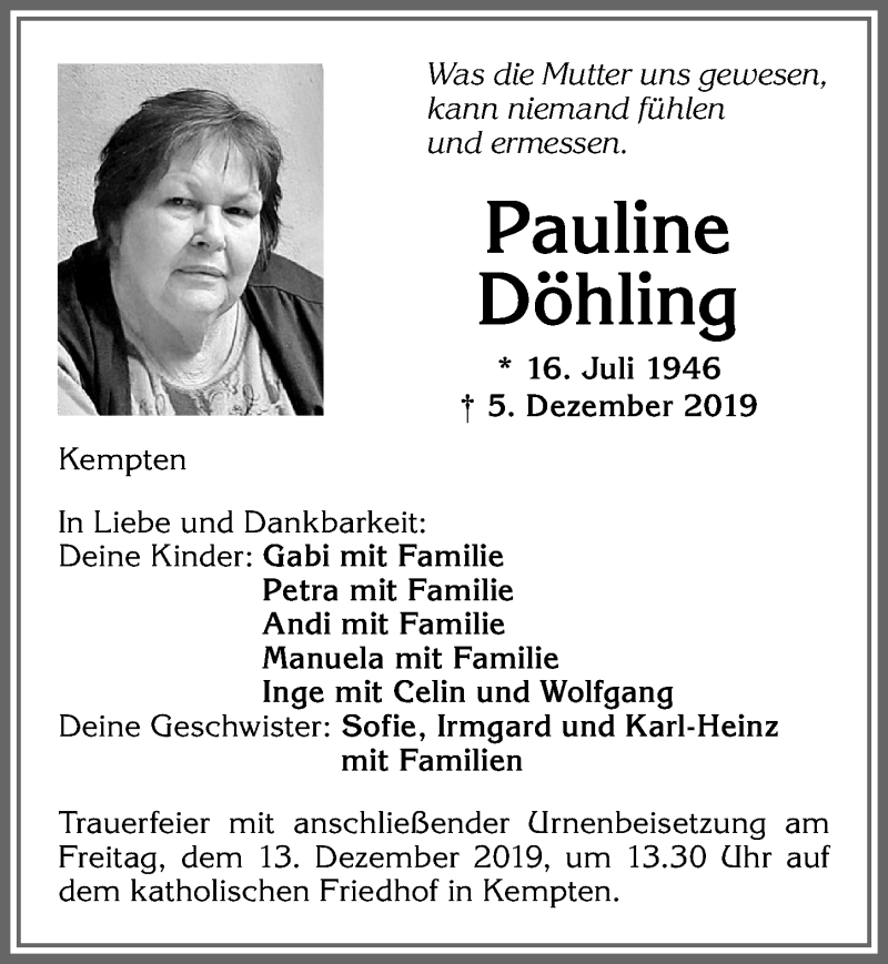 Traueranzeige von Pauline Döhling von Allgäuer Zeitung,Kempten