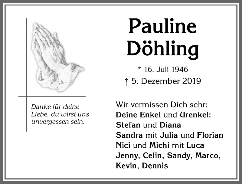 Traueranzeige von Pauline Döhling von Allgäuer Zeitung,Kempten