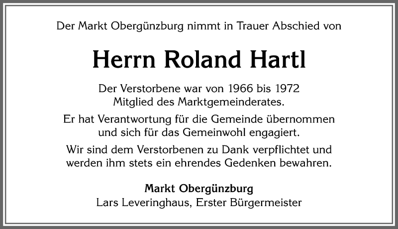 Traueranzeige von Roland Hartl von Allgäuer Zeitung, Marktoberdorf