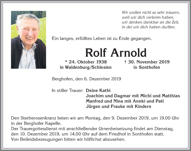Traueranzeige von Rolf Arnold von Allgäuer Anzeigeblatt