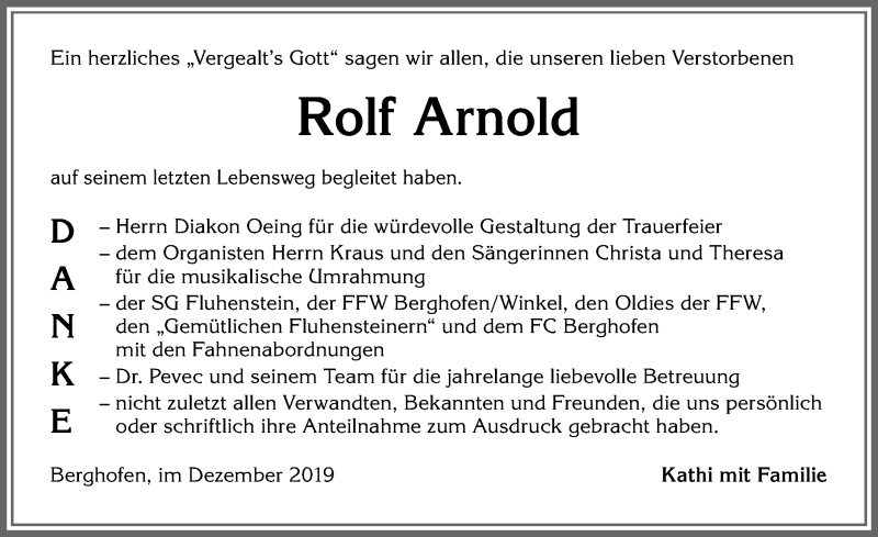 Traueranzeige von Rolf Arnold von Allgäuer Anzeigeblatt