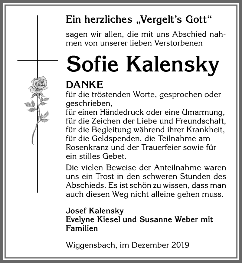 Traueranzeige von Sofie Kalensky von Allgäuer Zeitung,Kempten