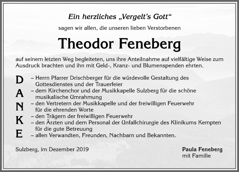 Traueranzeige von Theodor Feneberg von Allgäuer Zeitung,Kempten