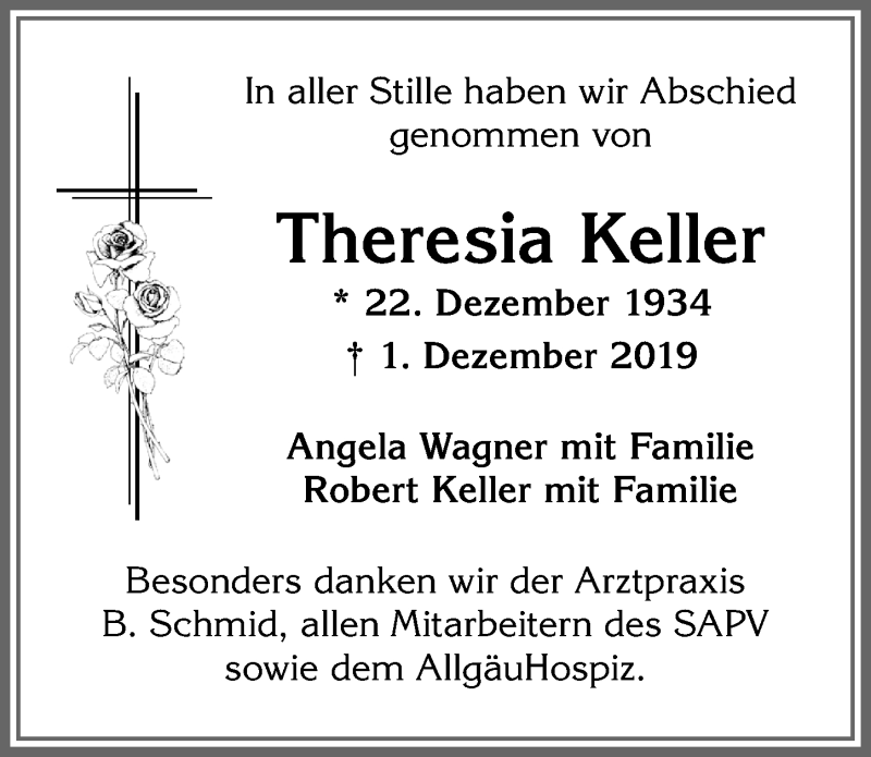 Traueranzeige von Theresia Keller von Allgäuer Zeitung,Kempten