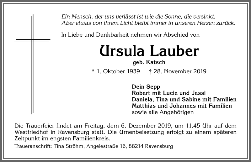 Traueranzeige von Ursula Lauber von Allgäuer Zeitung, Kaufbeuren/Buchloe