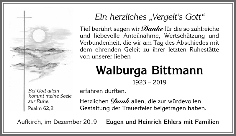 Traueranzeige von Walburga Bittmann von Allgäuer Zeitung, Kaufbeuren/Buchloe