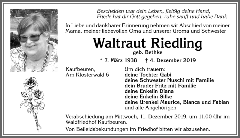 Traueranzeige von Waltraut Riedling von Allgäuer Zeitung, Kaufbeuren/Buchloe