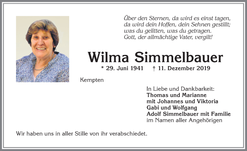Traueranzeige von Wilma Simmelbauer von Allgäuer Zeitung,Kempten