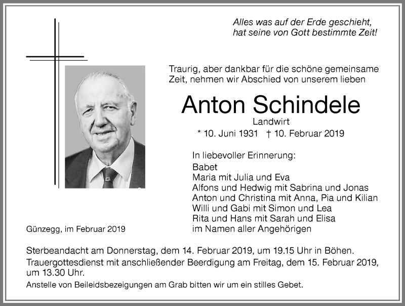 Traueranzeige von Anton Schindele von Memminger Zeitung