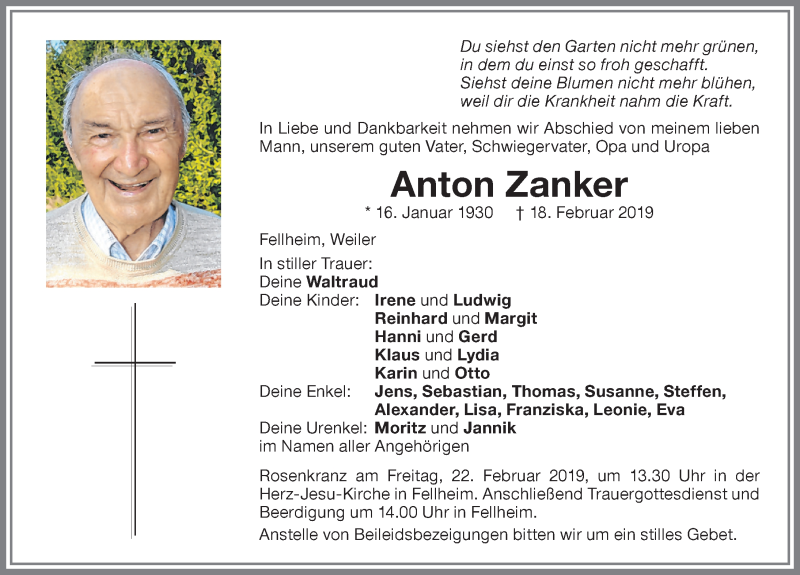 Traueranzeige von Anton Zanker von Memminger Zeitung