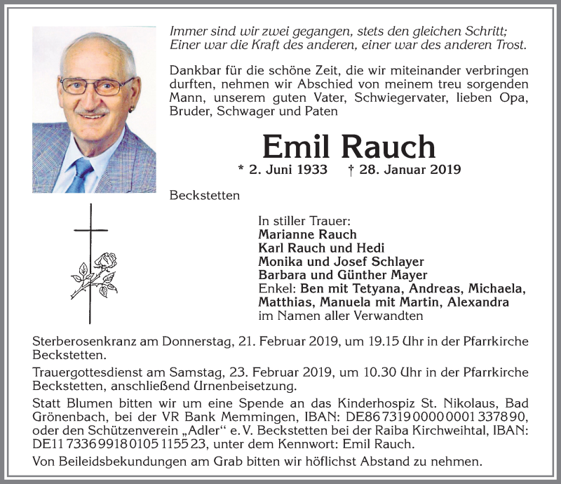 Traueranzeige von Emil Rauch von Allgäuer Zeitung, Kaufbeuren/Buchloe