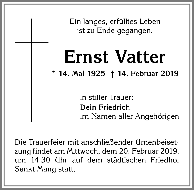 Traueranzeige von Ernst Vatter von Allgäuer Zeitung