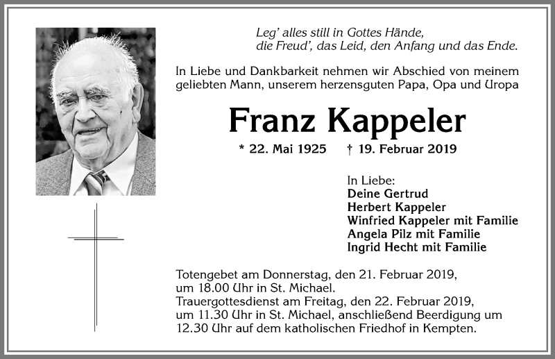 Traueranzeige von Franz Kappeler von Allgäuer Zeitung,Kempten