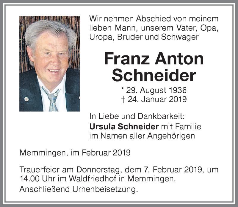 Traueranzeige von Franz Anton Schneider von Memminger Zeitung