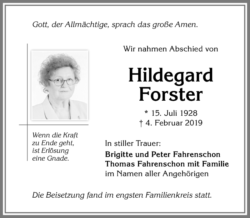 Traueranzeige von Hildegard Forster von Allgäuer Zeitung,Kempten