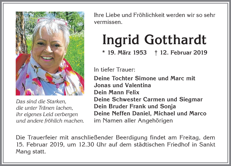 Traueranzeige von Ingrid Gotthardt von Allgäuer Zeitung,Kempten