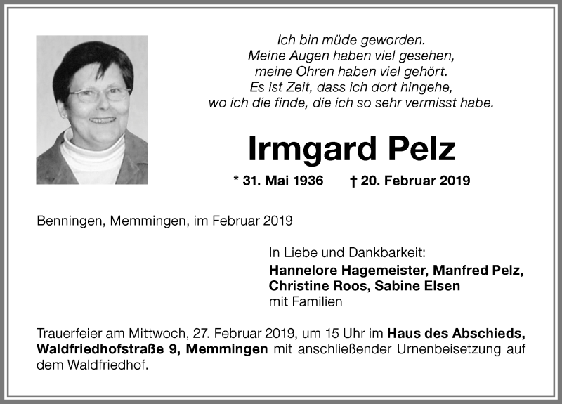 Traueranzeige von Irmgard Pelz von Memminger Zeitung