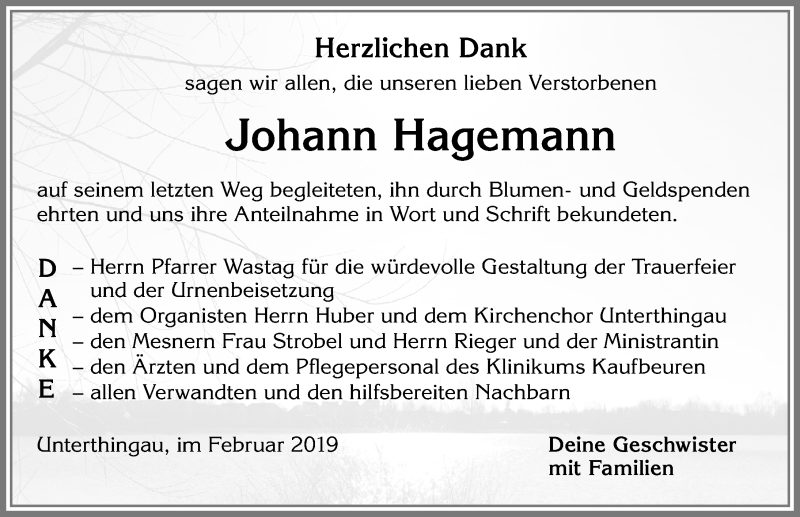 Traueranzeige von Johann Hagemann von Allgäuer Zeitung, Marktoberdorf