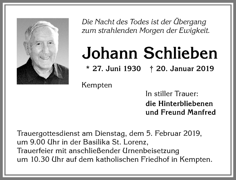 Traueranzeige von Johann Schlieben von Allgäuer Zeitung,Kempten