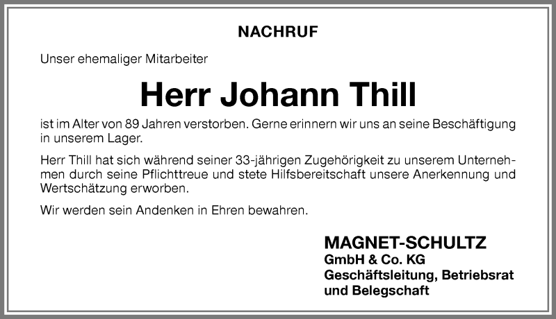 Traueranzeige von Johann Thill von Memminger Zeitung